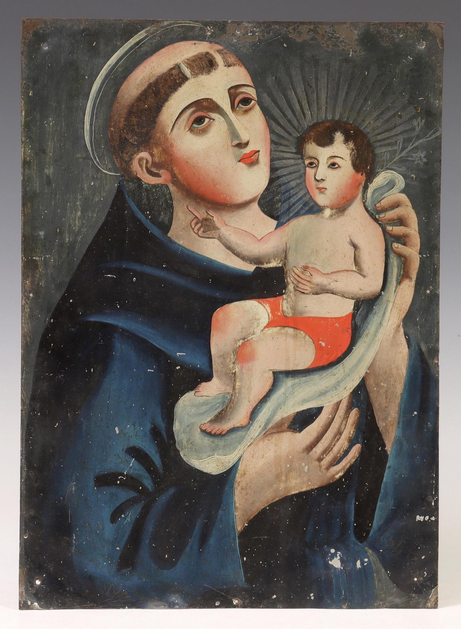 OIL ON TIN RETABLO SAN ANTONIO DE PADUA: Unframed oil on tin retablo, San Antonio de Padua (Saint Anthony of Padua), depicted holding the Christ Child, approx 14"h, 10"w, 0.5lbs Start Price: $100.00