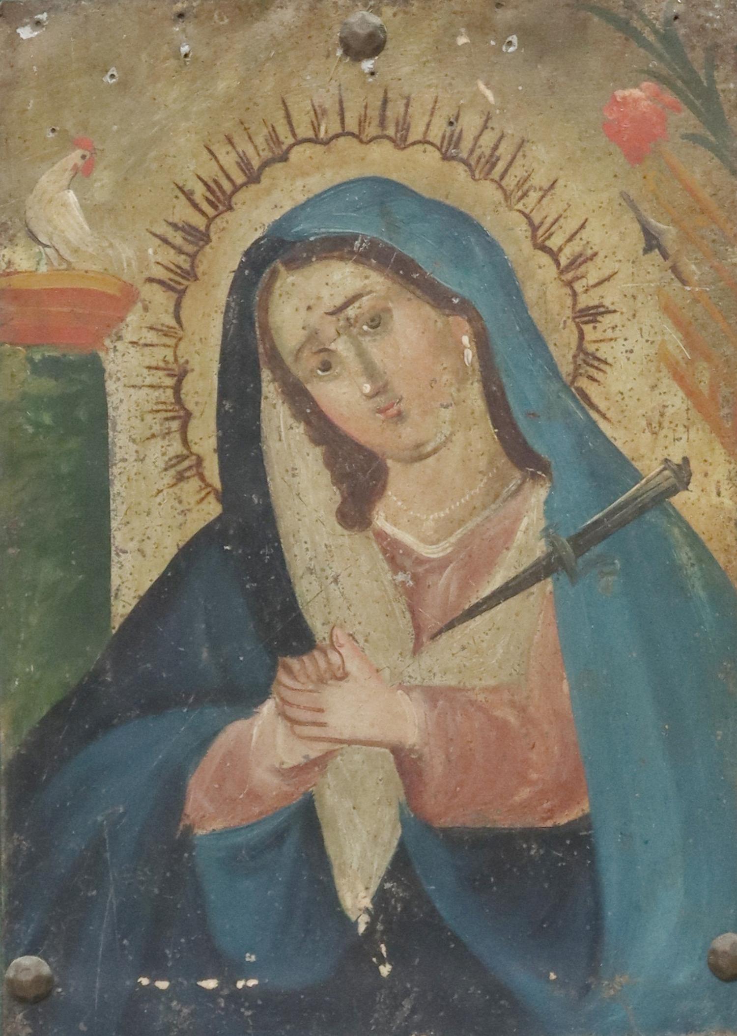FRAMED OIL ON TIN RETABLO OUR LADY OF SORROWS: Framed oil on tin retablo, Nuestra Senora de los Dolores (Our Lady of Sorrows), depicting the Virgin Mary, a dagger piercing her heart, alongside the Arma Christi/ Instruments of the Passion, retablo:
