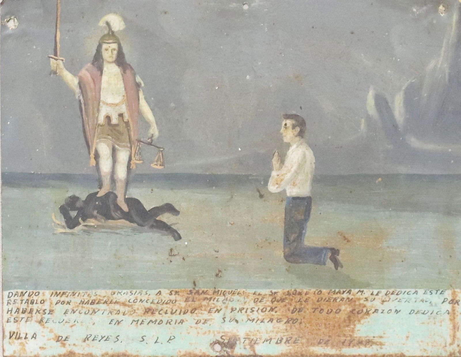 FRAMED OIL ON TIN EX-VOTO ARCANGEL SAN MIGUEL (1 of 4)