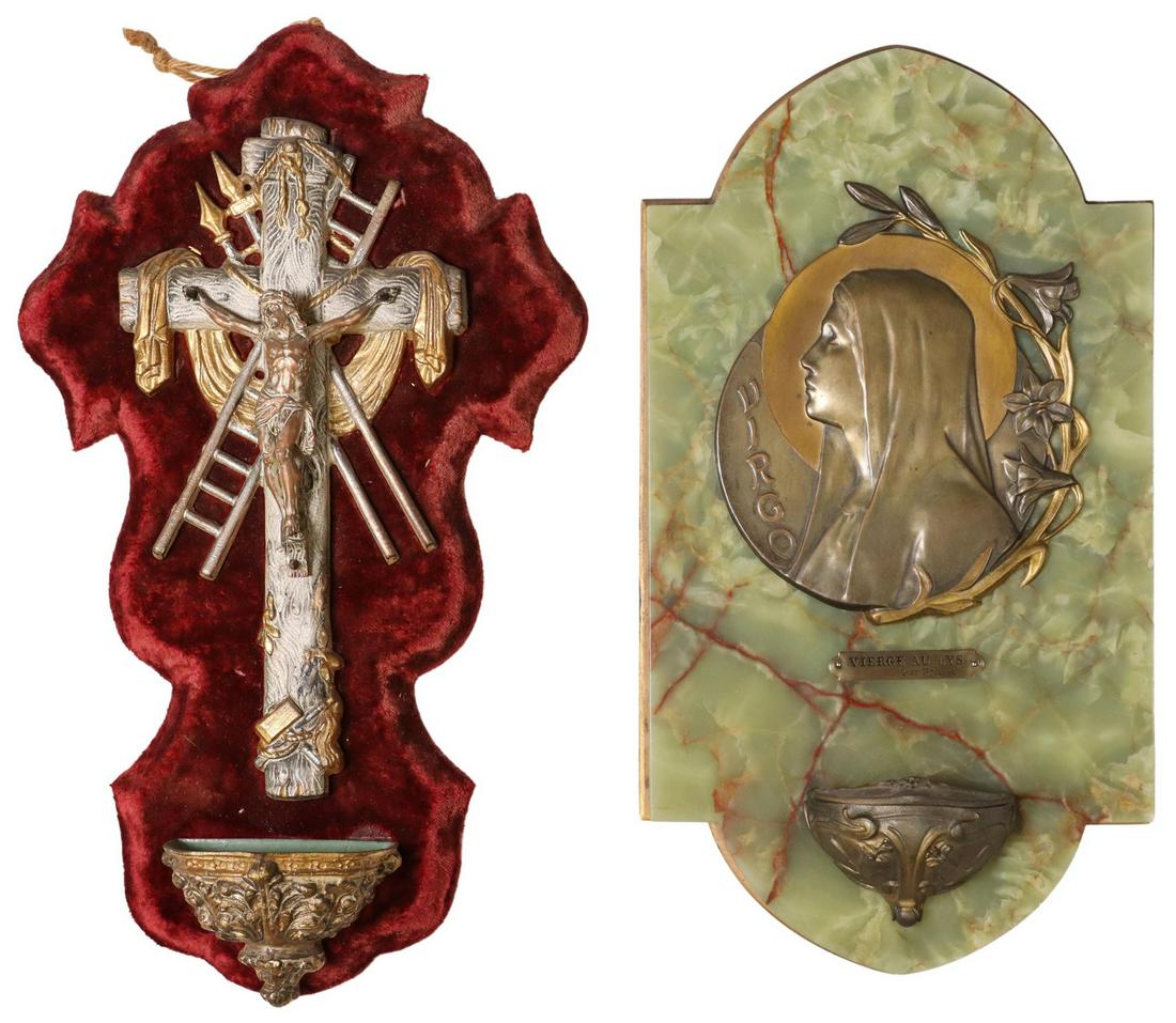 (2) CONTINENTAL RELIGIOUS METAL HOLY WATER FONTS (1 of 5)