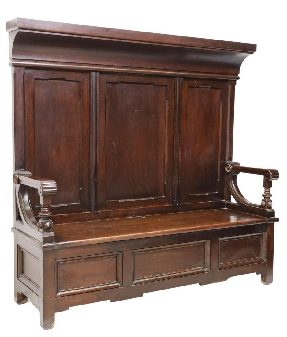 SPANISH CARVED HIGHBACK COFFER HALL BENCH (1 of 4)