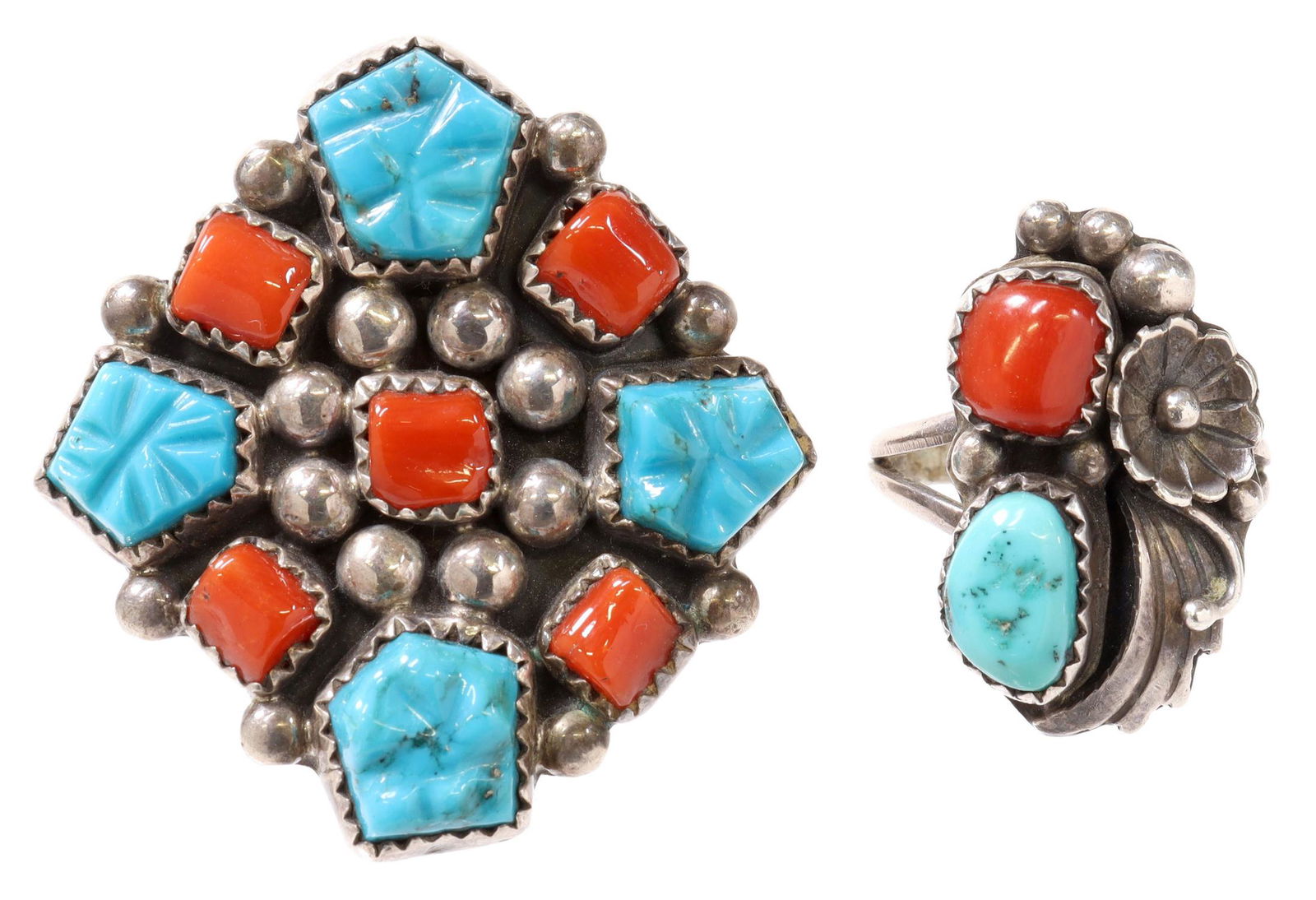 (2) NATIVE AMERICAN TURQUOISE & RED CORAL RINGS (1 of 4)