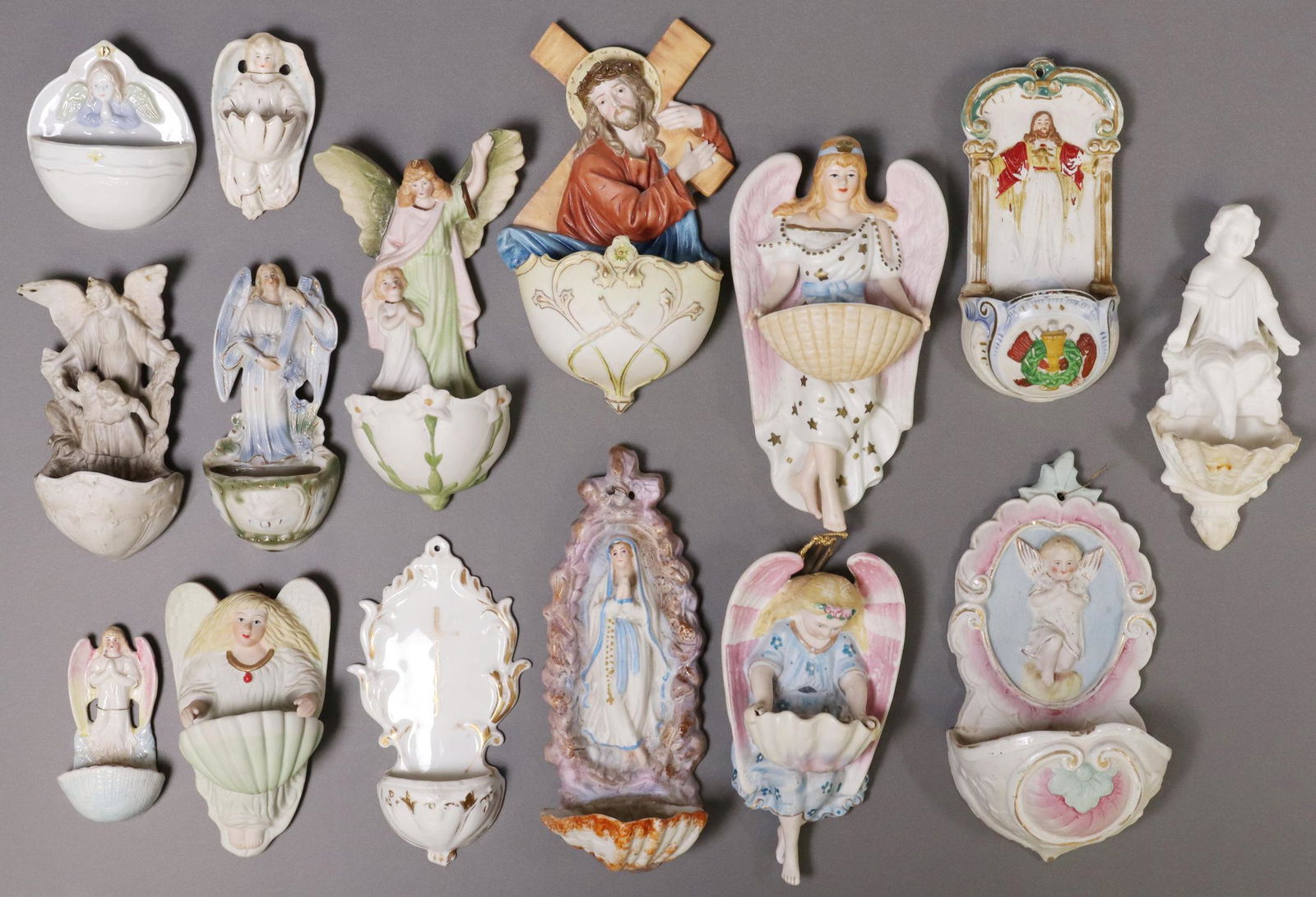 15) CONTINENTAL RELIGIOUS CERAMIC HOLY WATER FONTS (1 of 5)