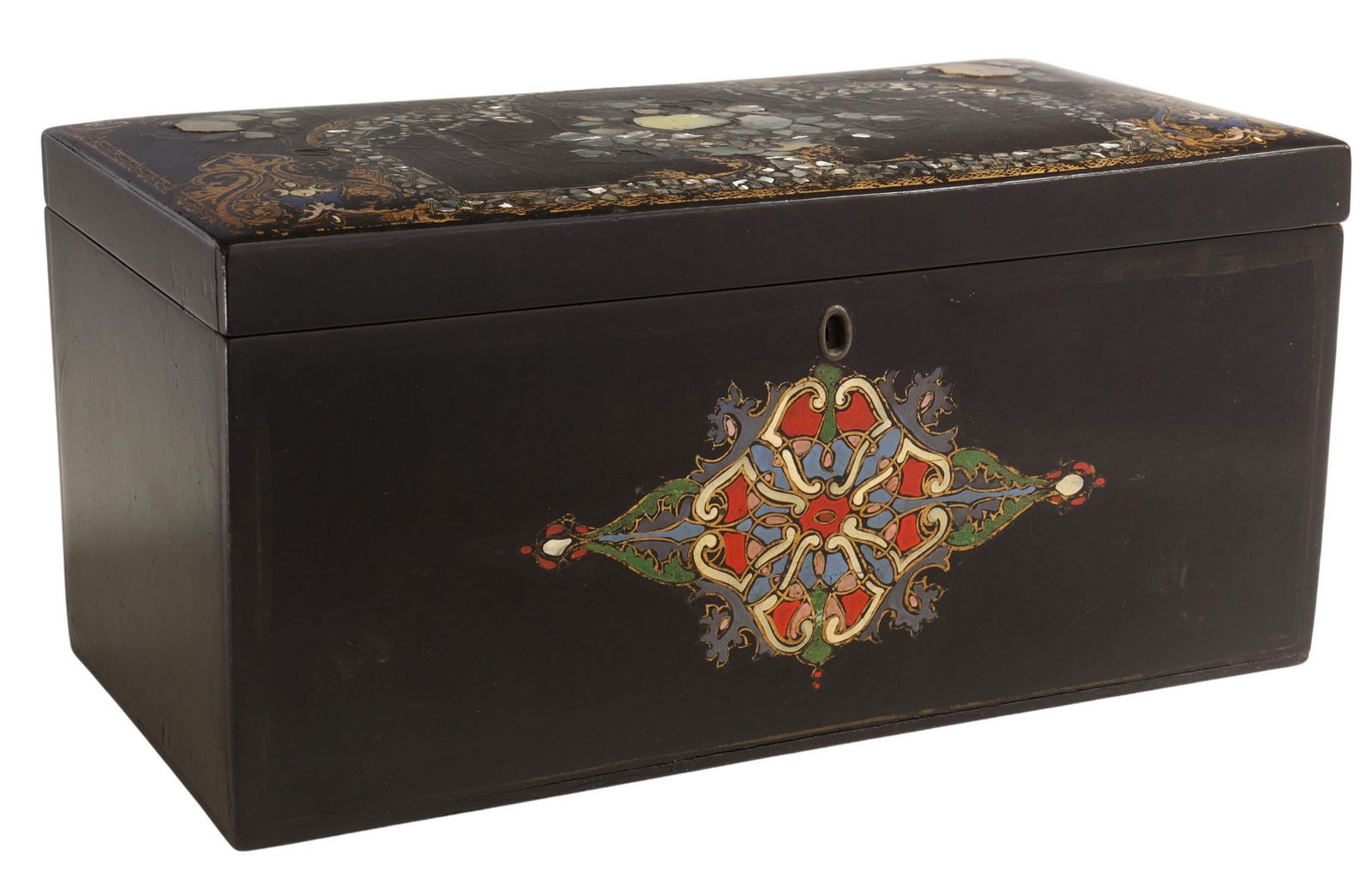 VICTORIAN LACQUERED INLAID PAPIER-MACHE TEA CADDY (1 of 6)