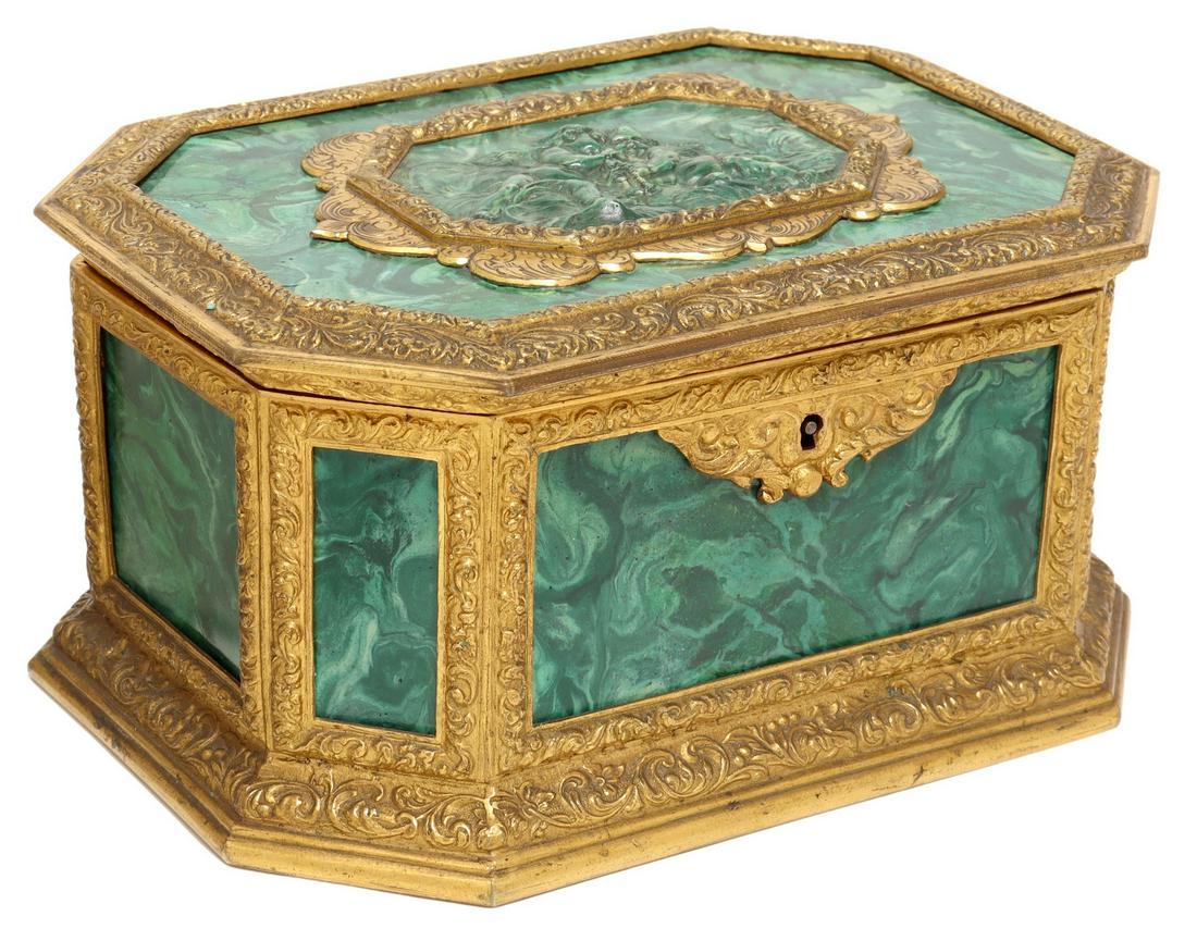 FRENCH FAUX MALACHITE & ORMOLU CASKET (1 of 6)