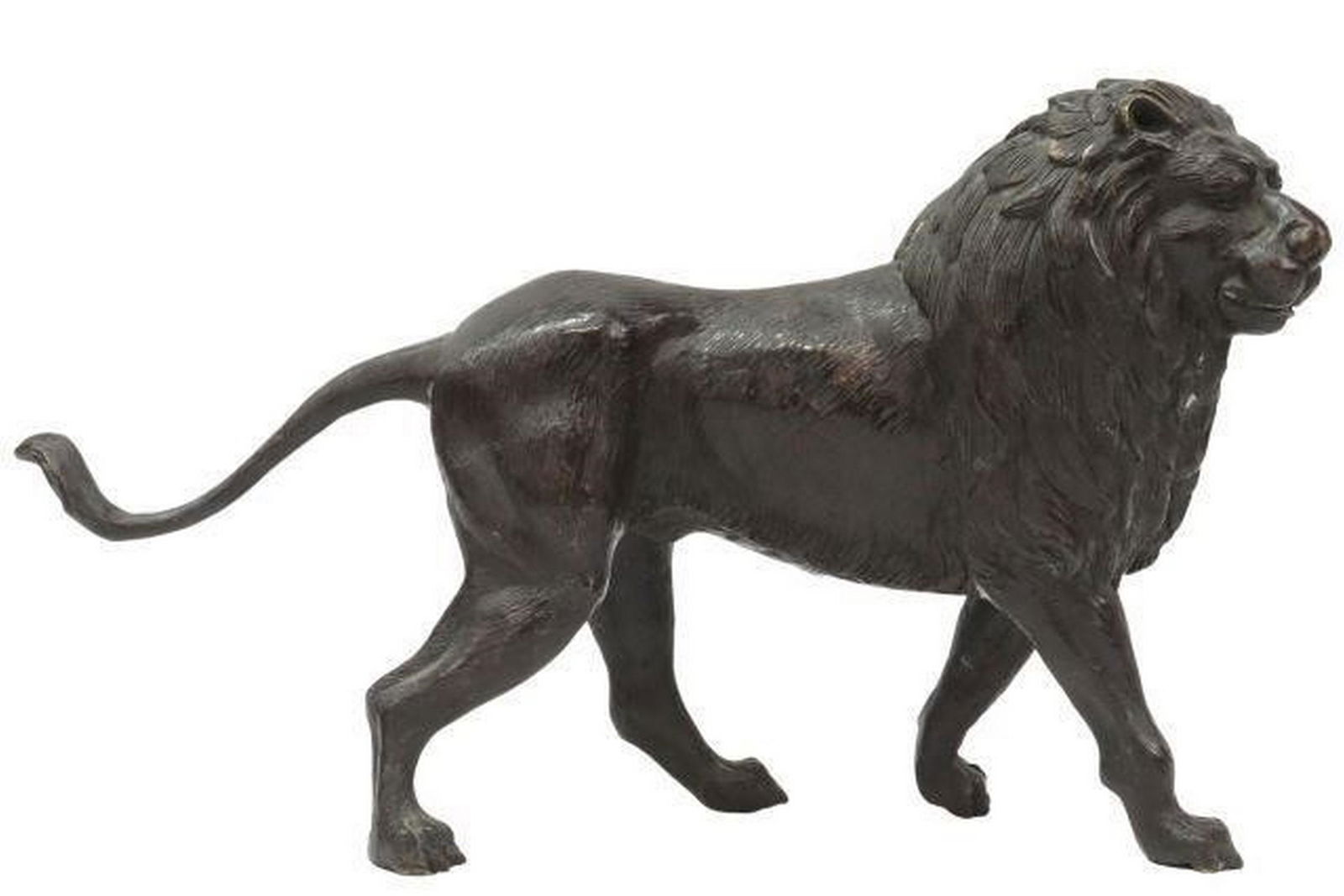 PATINATED BRONZE SCULPTURE OF A WALKING LION, 18"L (1 of 5)