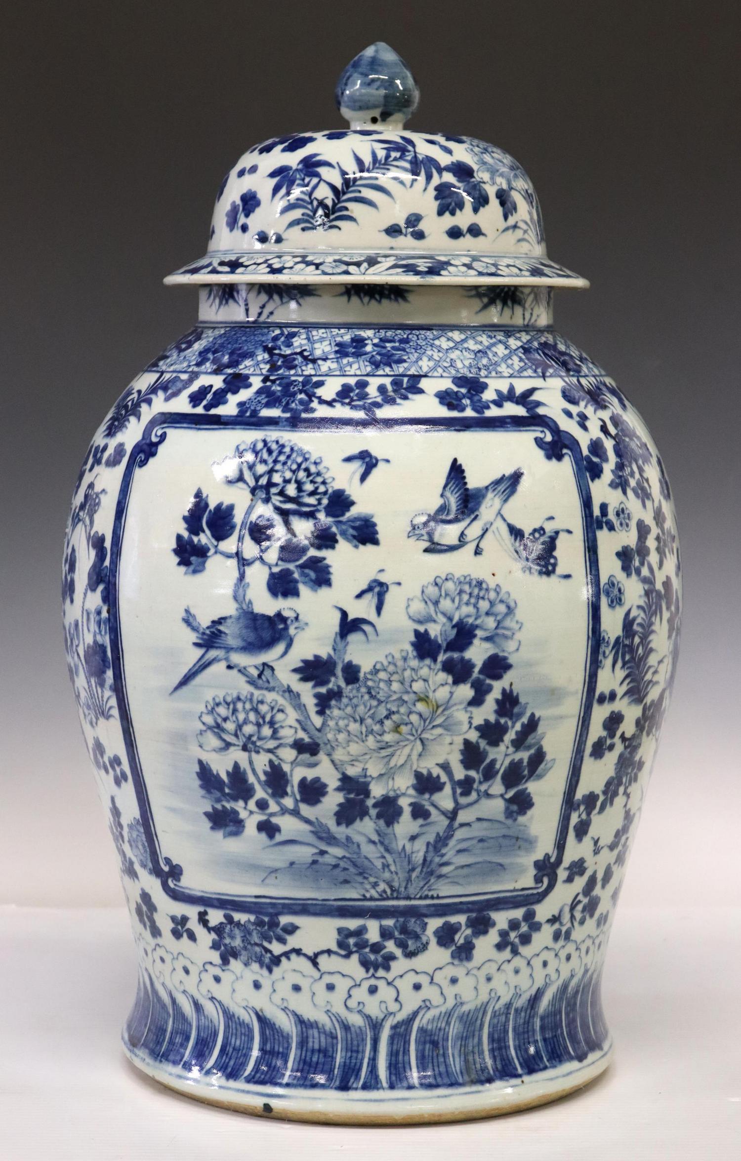 CHINESE BLUE & WHITE PORCELAIN GINGER JAR, 25"H: Large Chinese blue and white porcelain ginger jar, having lid with pointed finial, over tapered body, with painted birds, flowers, and foliate motifs, approx 25"h, 12.5"diam, 29lbs **Provenance: A pro