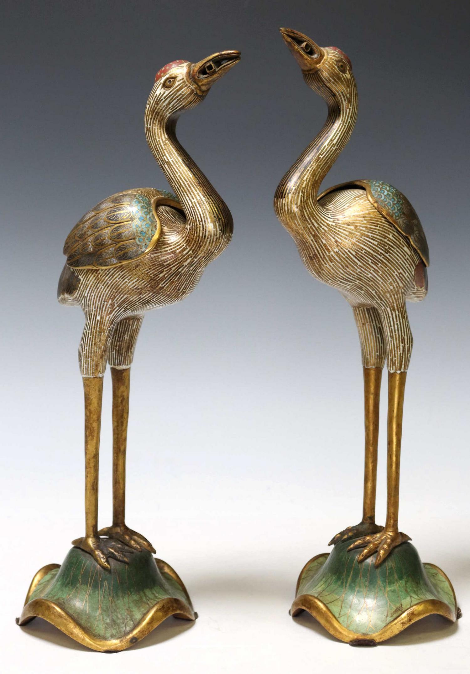 (2) CHINESE CLOISONNE ENAMEL CRANE CENSERS (1 of 7)