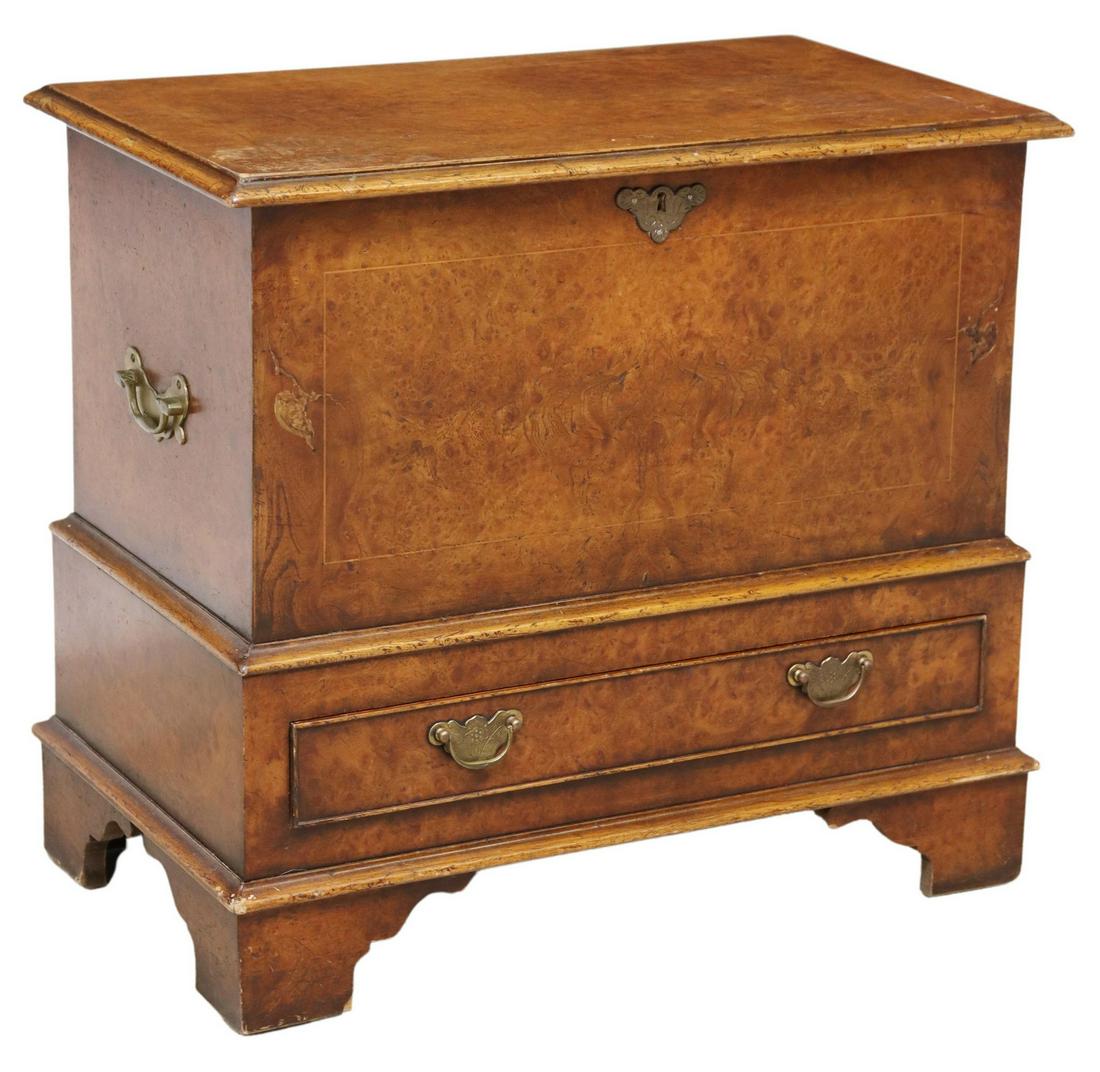 ENGLISH GEORGIAN STYLE BURLWOOD CHEST ON STAND (1 of 6)
