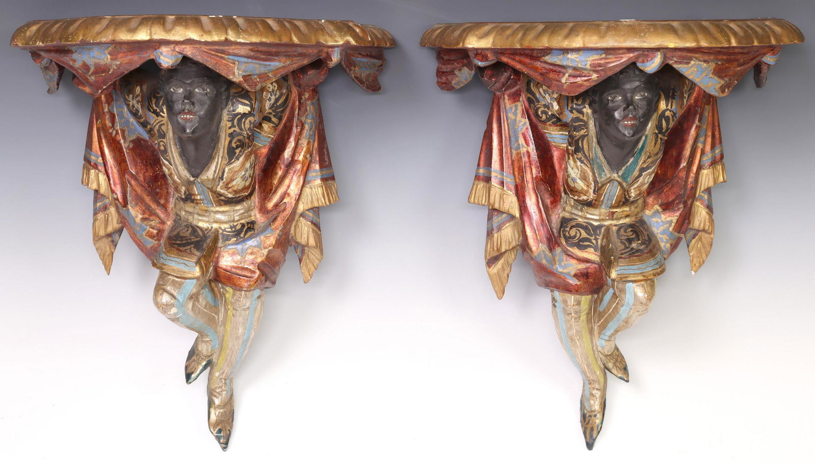 2) VENETIAN PARCEL GILT & PAINTED FIGURAL BRACKETS (1 of 4)