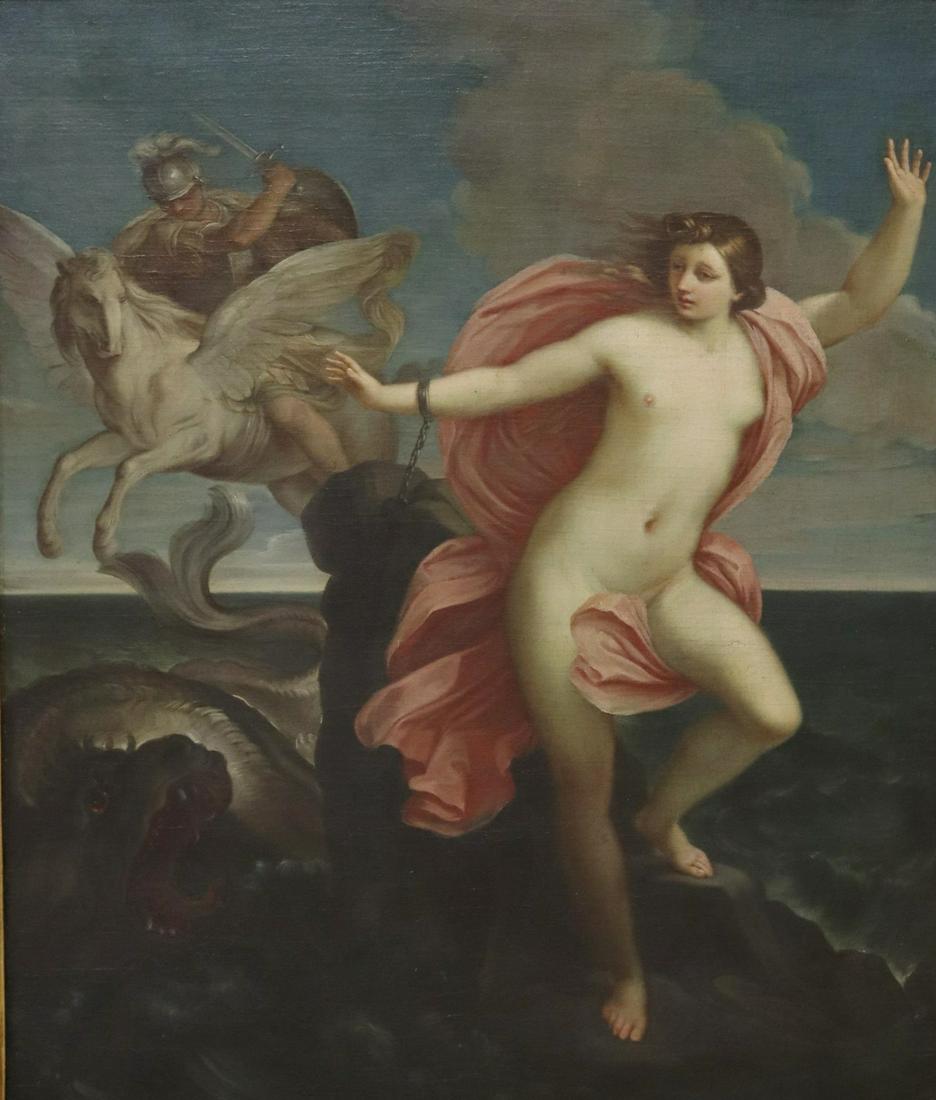 AFTER GUIDO RENI PAINTING PERSEUS & ANDROMEDA: Framed oil on canvas painting, Perseus and Andromeda, after Guido Reni (Italian, 1575-1642), patched repairs to canvas, sight: approx 33.75"h, 28.5"w, overall: 47"h, 42"w, 36lbs **Provenance: A promin