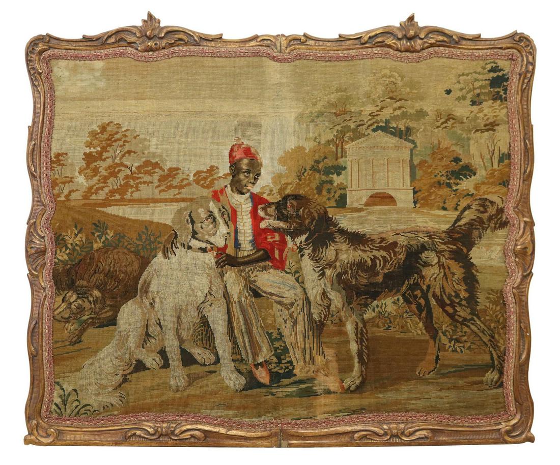 FRAMED NEEDLEWORK TAPESTRY YOUNG BOY WITH HOUNDS (1 of 3)
