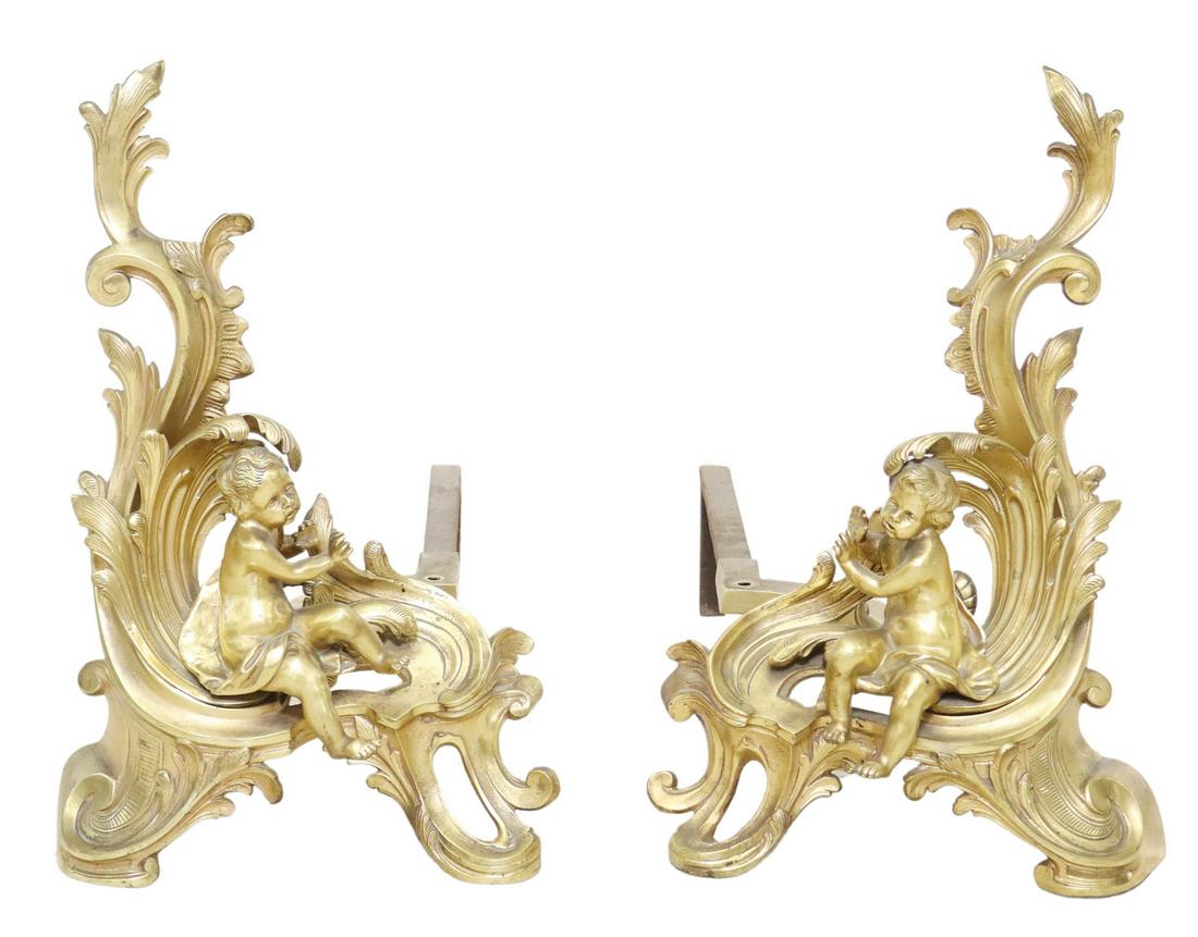 (2) FRENCH LOUIS XV STYLE BRONZE PUTTI CHENETS (1 of 4)