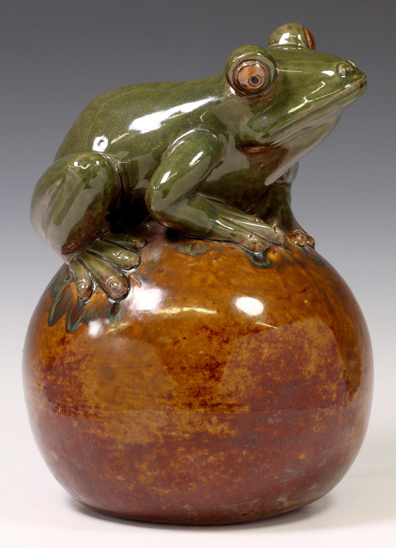 GLAZED CERAMIC SCULPTURE FROG ON SPHERE (1 of 4)