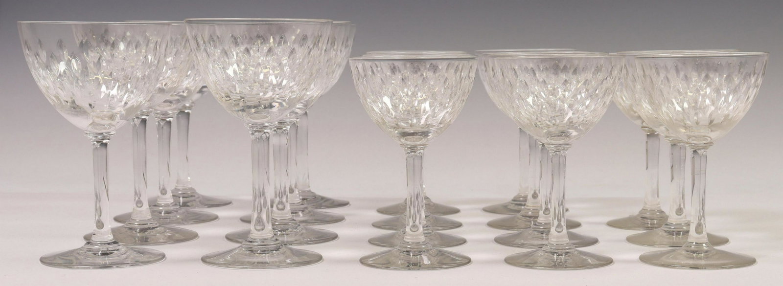 (19) BACCARAT 'PARIS' CUT CRYSTAL STEMWARE: (lot of 19) French cut crystal stemware, Baccarat, in the "Paris" pattern, including: (8) wine glasses, (two) with ground rims, approx 5"h, 3"diam, (11) sherry glasses, (two) with small chips to rims,