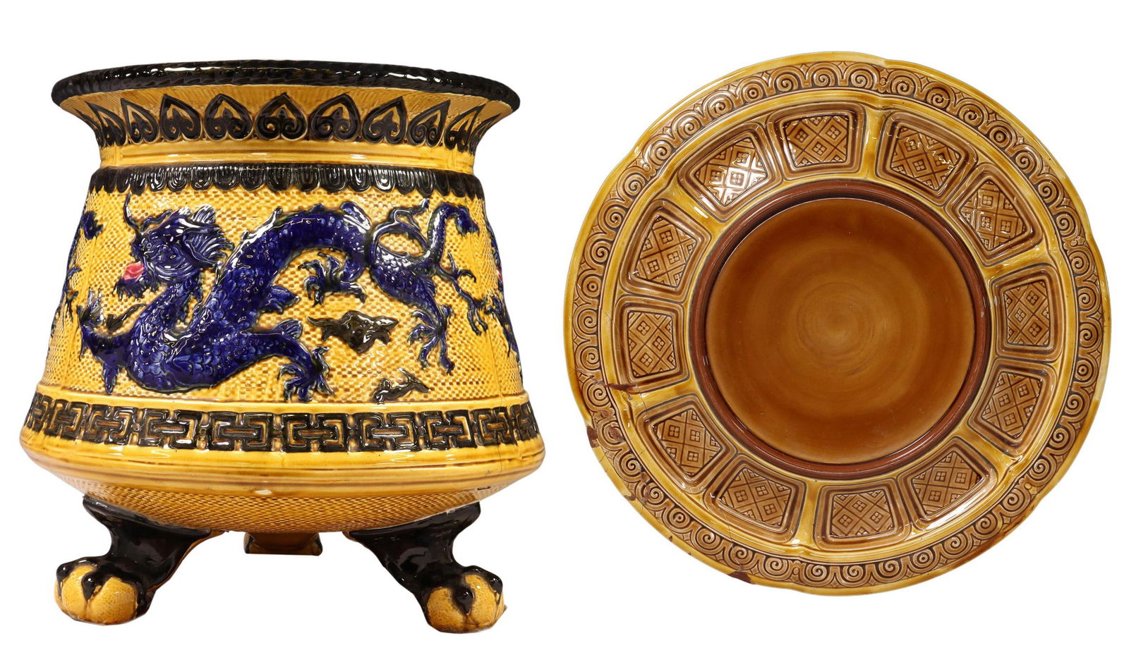 ENGLISH MINTON (ATTRIB) MAJOLICA DRAGON JARDINIERE (1 of 11)