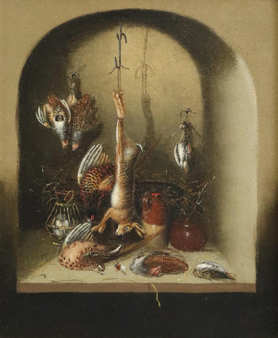 FRAMED OIL ON CANVAS PAINTING THE GAME LARDER: Framed oil on canvas painting, The Game Larder, in the manner of Benjamin Blake (English, 1757-1830), sight: approx 11.25"h, 9.25"w, overall: 17"h, 15"w, 2.25lbs **Provenance: A prominent Houstonian's