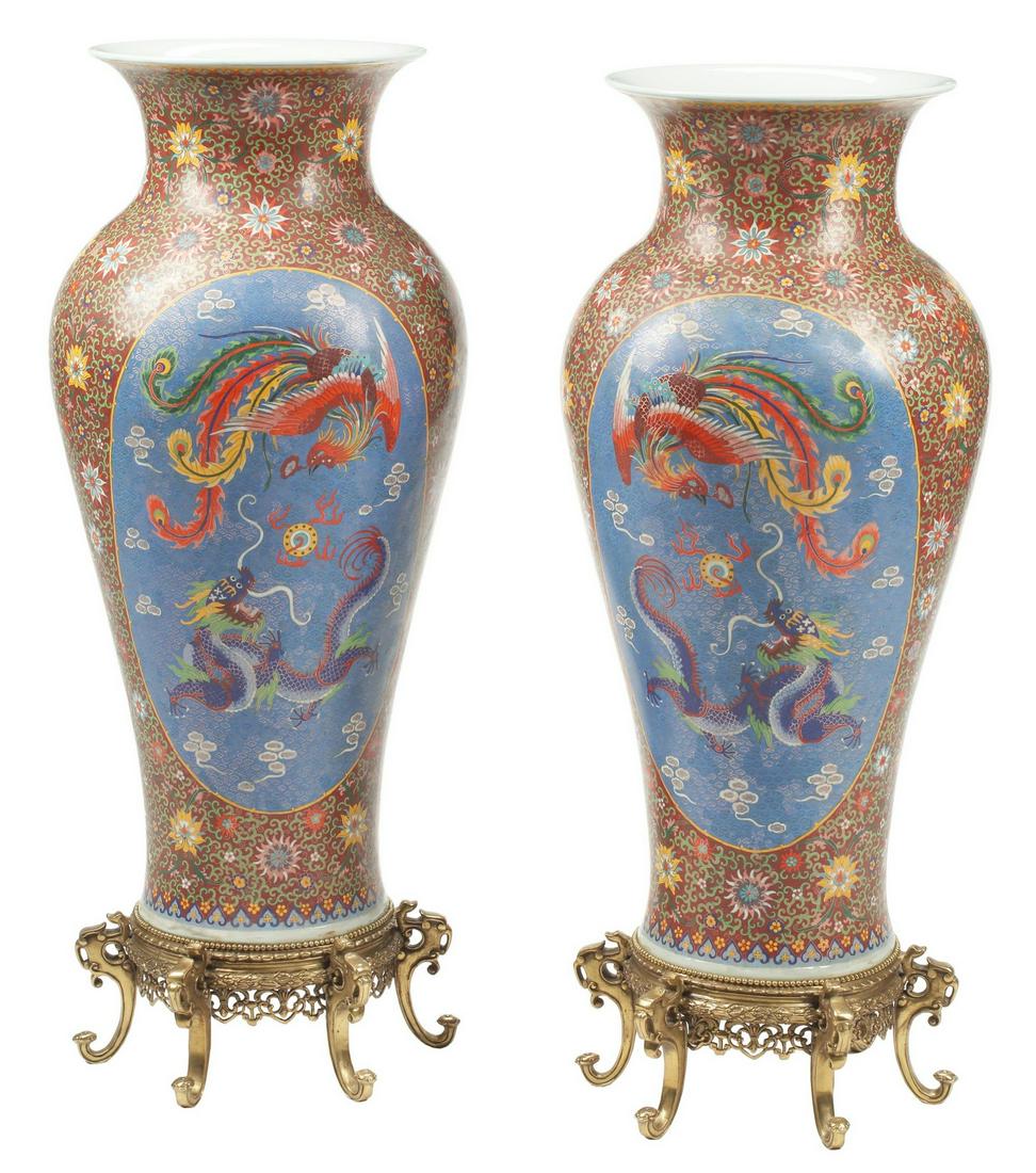 (2) CHINESE CLOISONNE OVER PORCELAIN PALACE VASES (1 of 4)