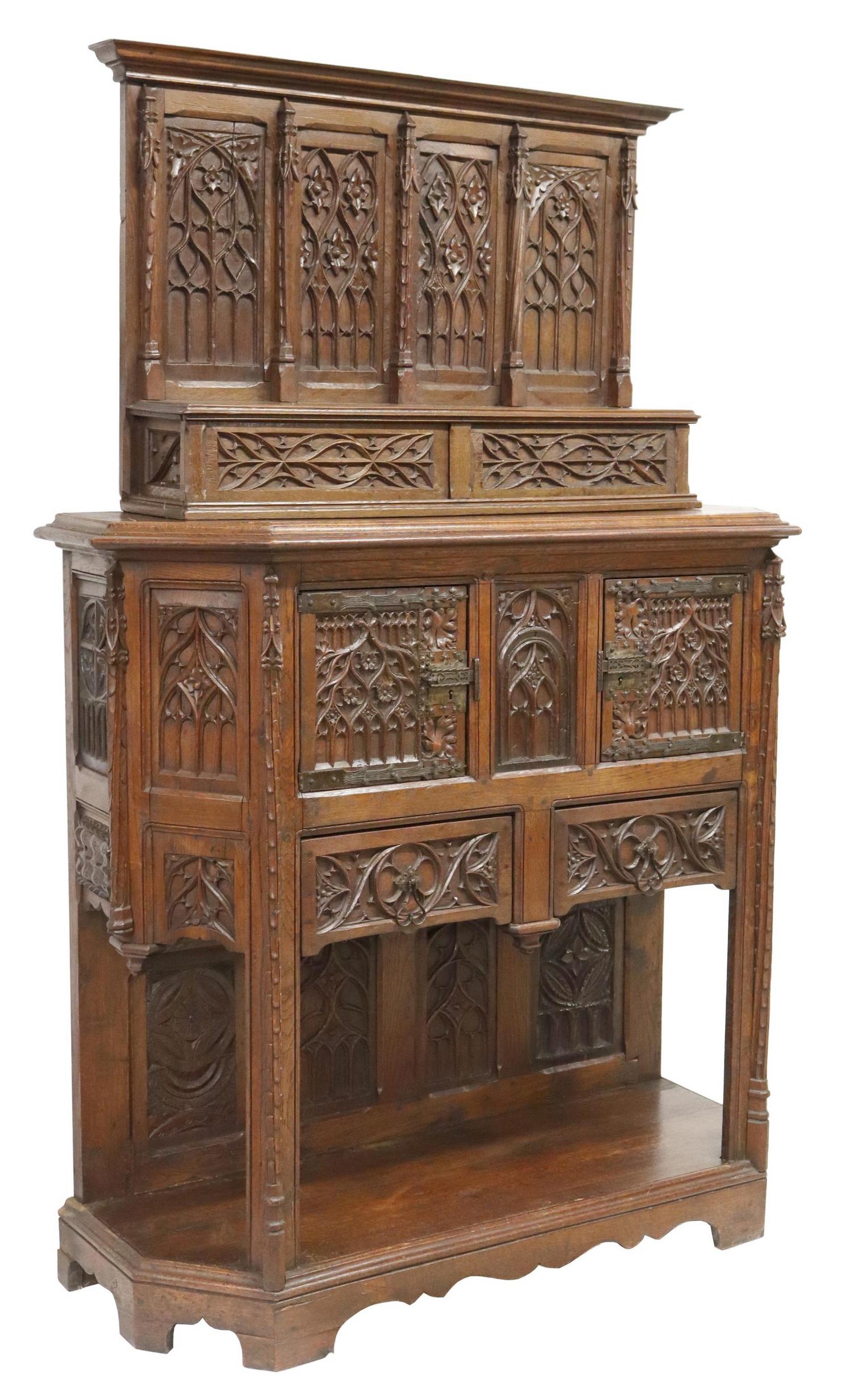 FRENCH GOTHIC REVIVAL CARVED OAK CREDENCE CUPBOARD (1 of 8)