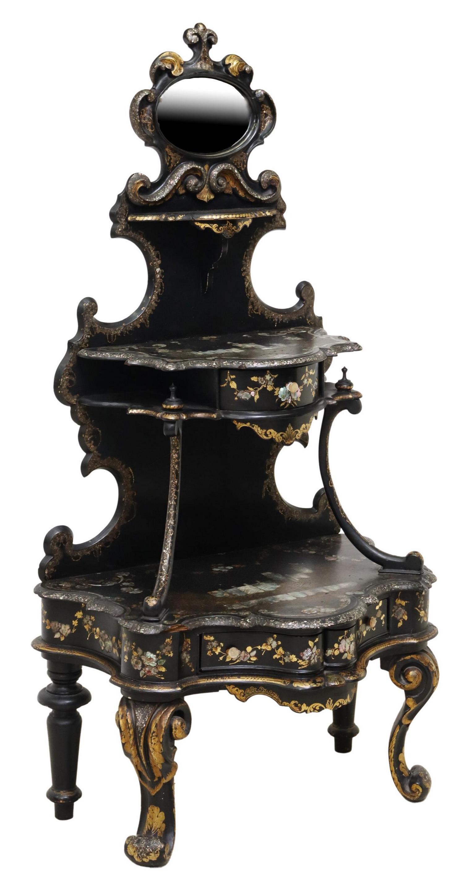 ENGLISH VICTORIAN LACQUERED PAPIER-MACHE ETAGERE (1 of 5)