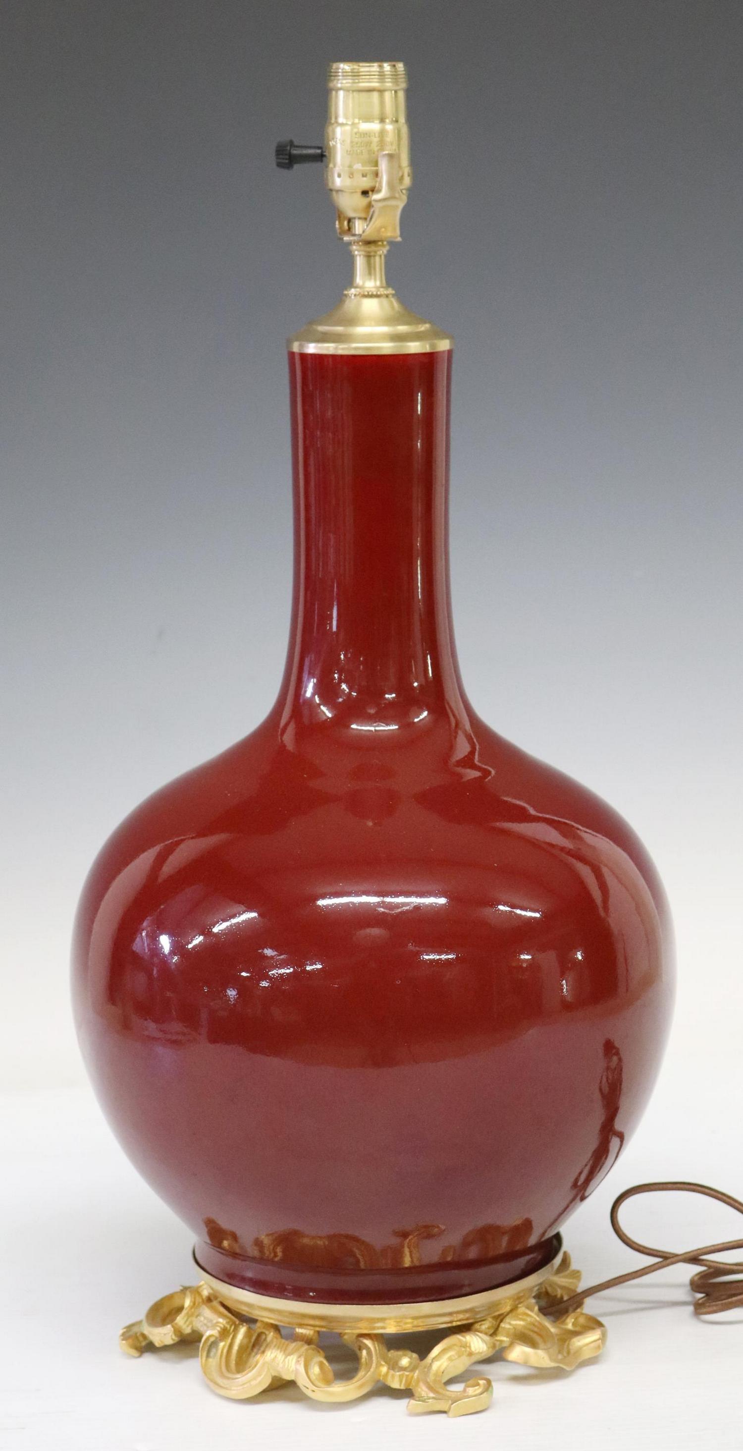 CHINESE SANG DE BOEUF PORCELAIN & ORMOLU LAMP (1 of 4)