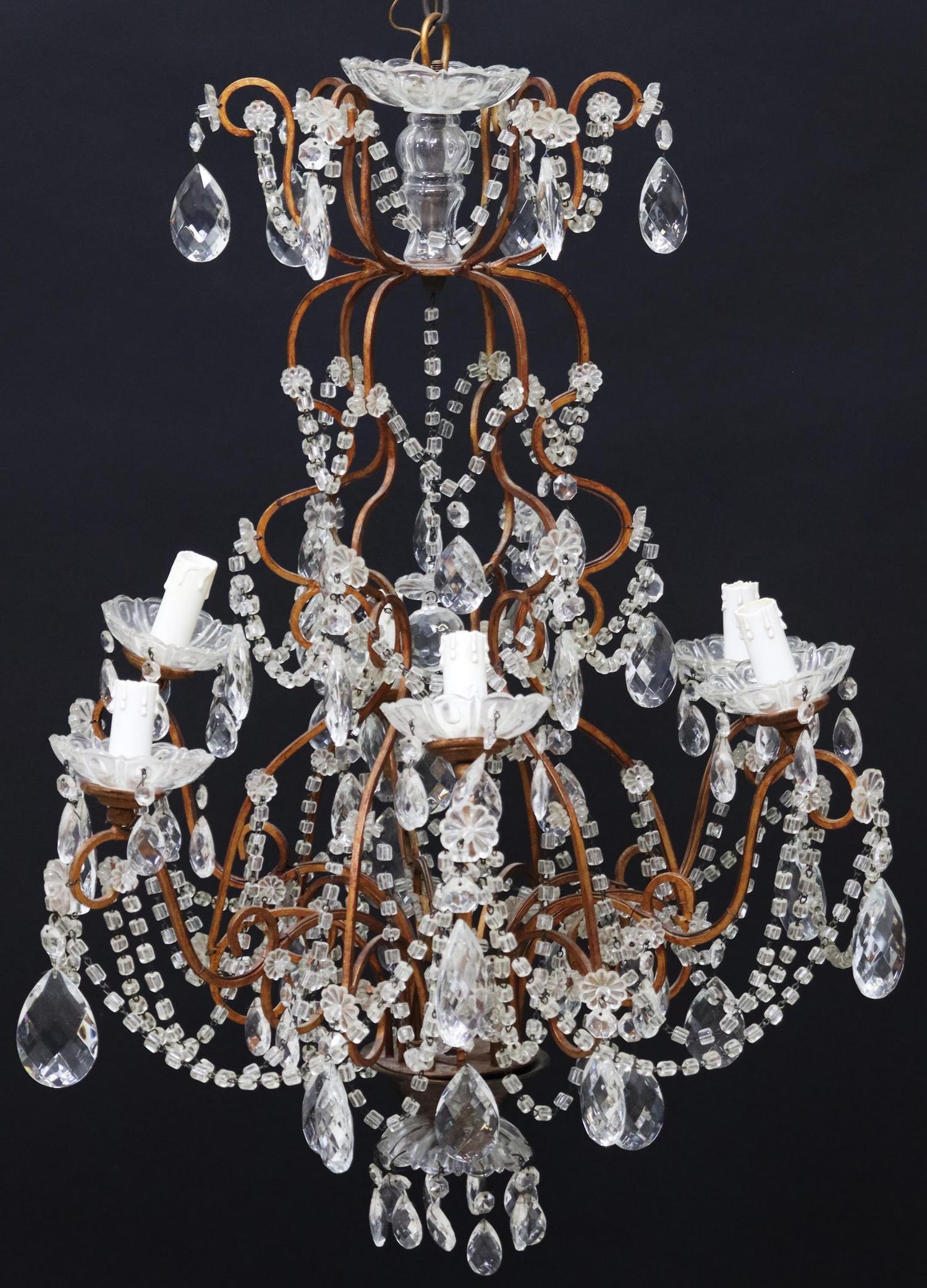 ITALIAN IRON & CRYSTAL SIX-LIGHT CHANDELIER (1 of 4)