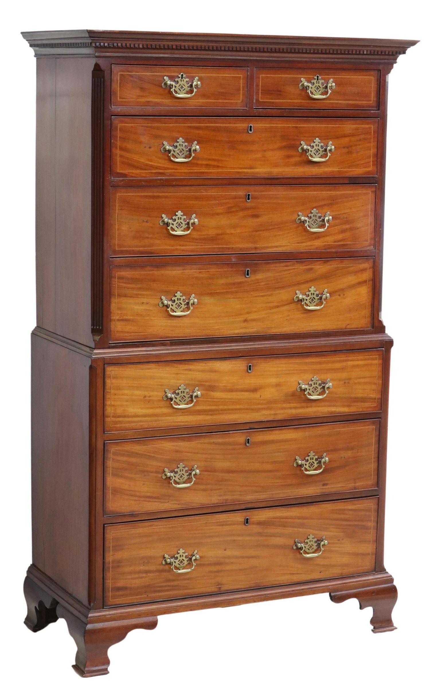 ENGLISH GEORGIAN MAHOGANY CHEST ON CHEST: Georgian mahogany chest-on-chest, early 19th c., dentil molding, eight drawers with inlaid banding, rising on ogee bracket feet, later hardware, approx 73.5"h, 42.75"w, 21.5"d **Provenance: A prominen