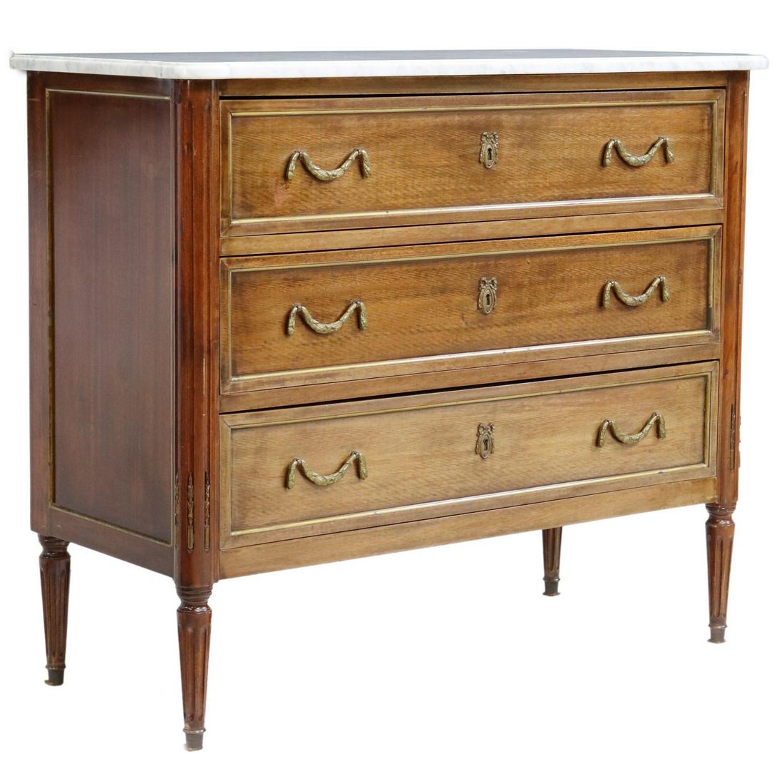 FRENCH LOUIS XVI STYLE MARBLE-TOP WALNUT COMMODE (1 of 5)