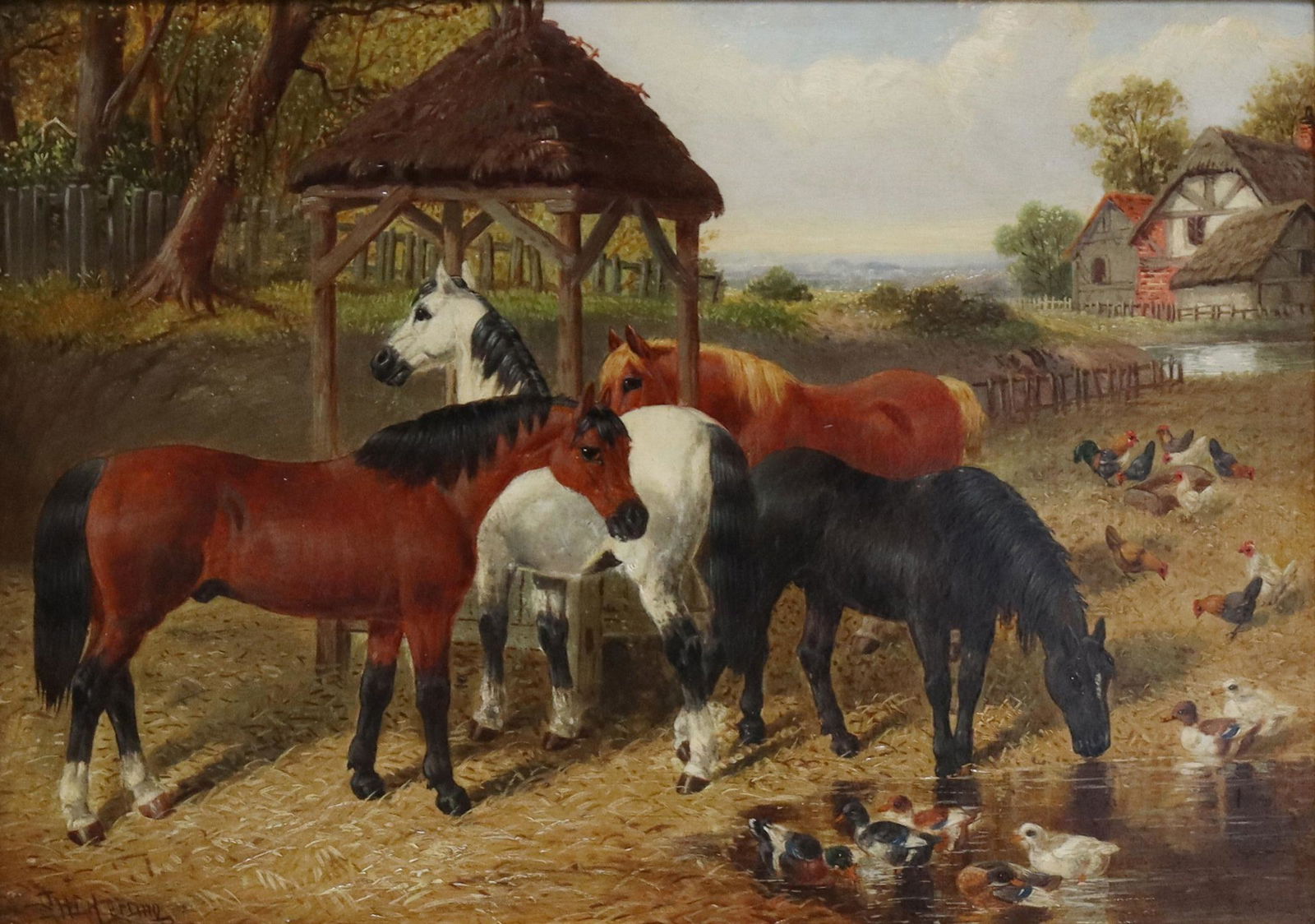 FRAMED OIL ON BOARD, HORSES IN FARMYARD, PAINTING (1 of 5)