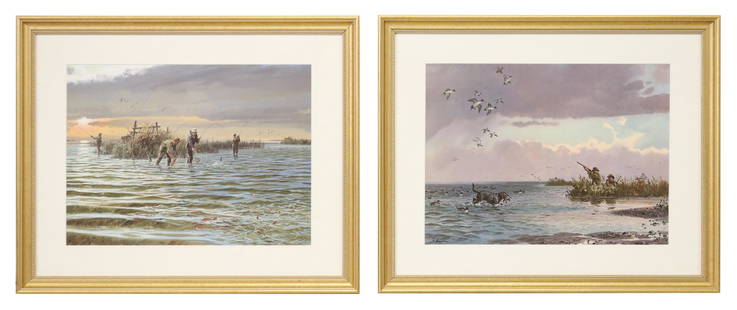 2) JOHN P. COWAN (D.2008) HUNTING & FISHING PRINTS: (lot of 2) Framed offset prints, after John P. Cowan (Texas, Tennessee, 1920-2008), including: (1) "The Trailing Flats," sight: approx 16.5"h, 22.5"w, overall: approx 25.5"h, 31.5"w; (1) "Sunken Blind