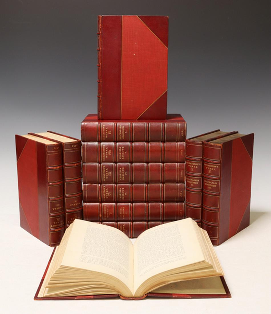 (12 VOLS) 'THE WORKS OF SAMUEL RICHARDSON,' 1883: (12 vols) "The Works of Samuel Richardson," by Samuel Richardson (English, 1689-1761), each with leather spine, gilt embossed lettering and gilt page ends, numbered 636/750, published by Henry Sothera