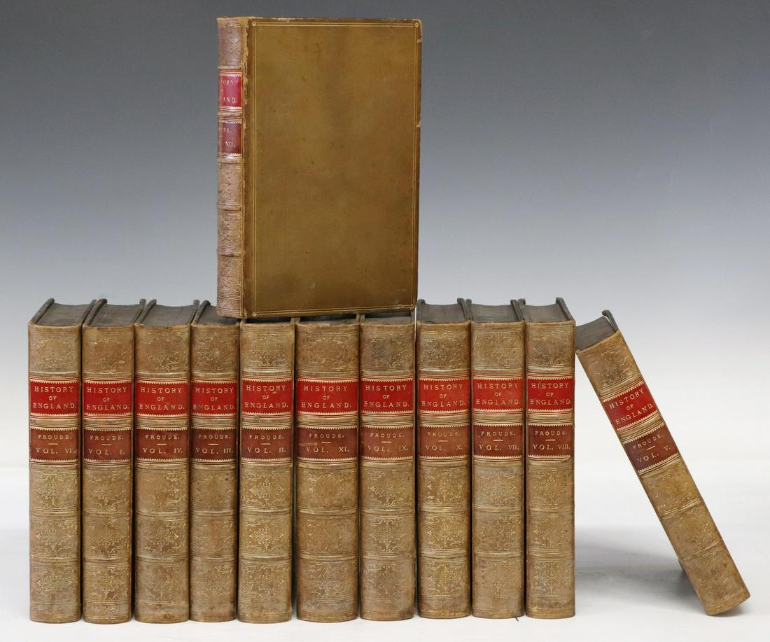 (12 VOLS) JAMES FROUDE'S 'HISTORY OF ENGLAND' 1862: (lot of 12) "History of England," by James Anthony Froude (England, 1818-1894), all quarter leather bound, with gilt lettering and embossed designs, marbleized page ends, interior tag to front cover w