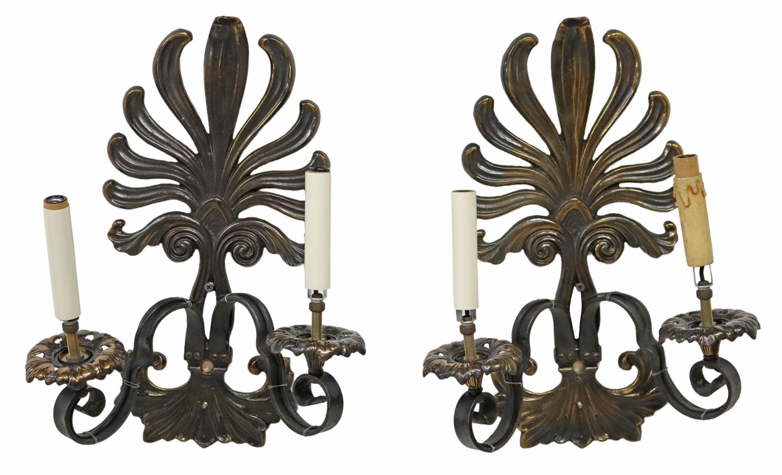 (2) PATINATED METAL PALMETTE TWO-LIGHT SCONCES (1 of 2)
