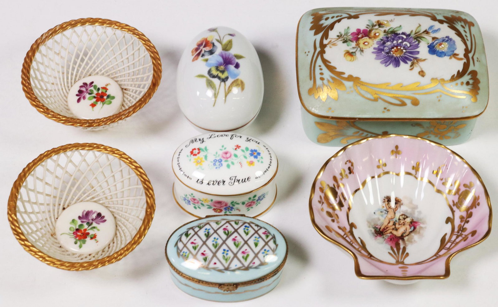 (7) ENGLISH, FRENCH & GERMAN CERAMIC TABLE BOXES: (lot of 7) English and Continental ceramic boxes and dishes, each with parcel gilt accents, painted florals and foliate motifs, including: (4) French Limoges porcelain wares, each marked Limoges under