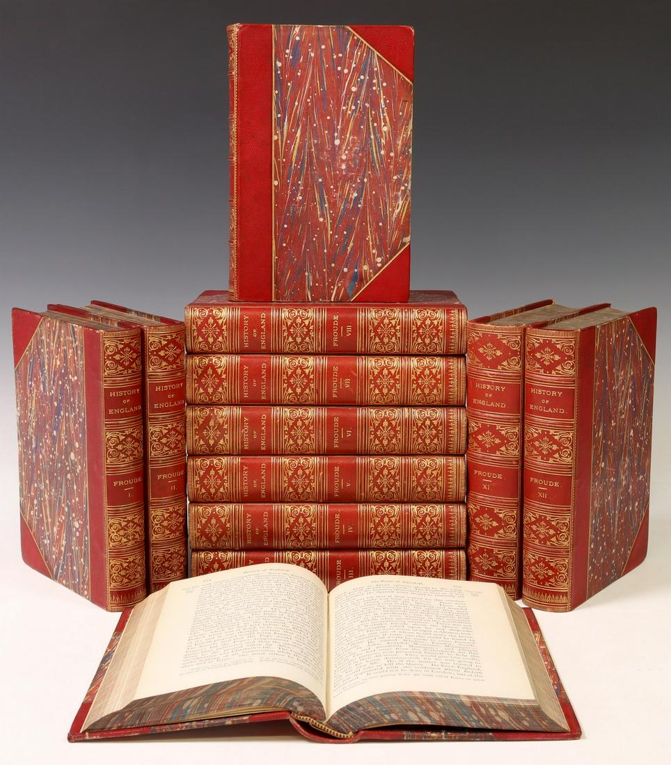 (12 VOLS) JAMES FROUDE'S 'HISTORY OF ENGLAND' 1858: (12 vols) "History of England," by James Anthony Froude (England, 1818-1894), all quarter leather bound, with gilt lettering and embossed designs, marbleized front and back cover, and page edges, incl