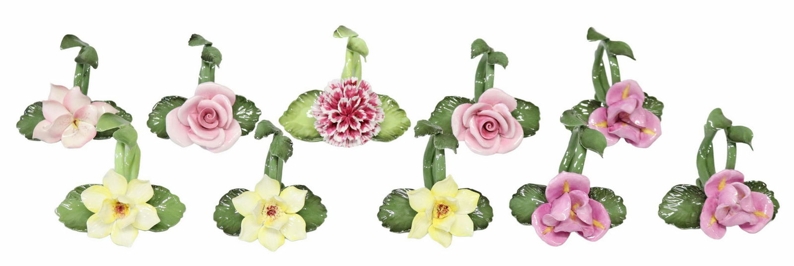 (10) ENGLISH ROYALE STRATFORD FLOWER NAPKIN RINGS: (lot of 10) English Staffordshire hand-painted bone china napkin rings, Royale Stratford, each modeled as a blooming flower, with foliate ring, maker's mark underfoot, four retaining original box, two