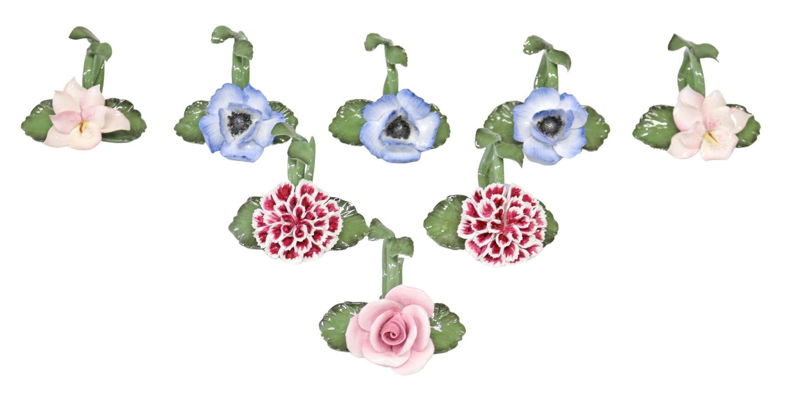 (8) ENGLISH ROYALE STRATFORD FLOWER NAPKIN RINGS: (lot of 8) English Staffordshire hand-painted bone china napkin rings, Royale Stratford, each modeled as a blooming flower, with foliate ring, maker's mark underfoot, all retaining original box, one w