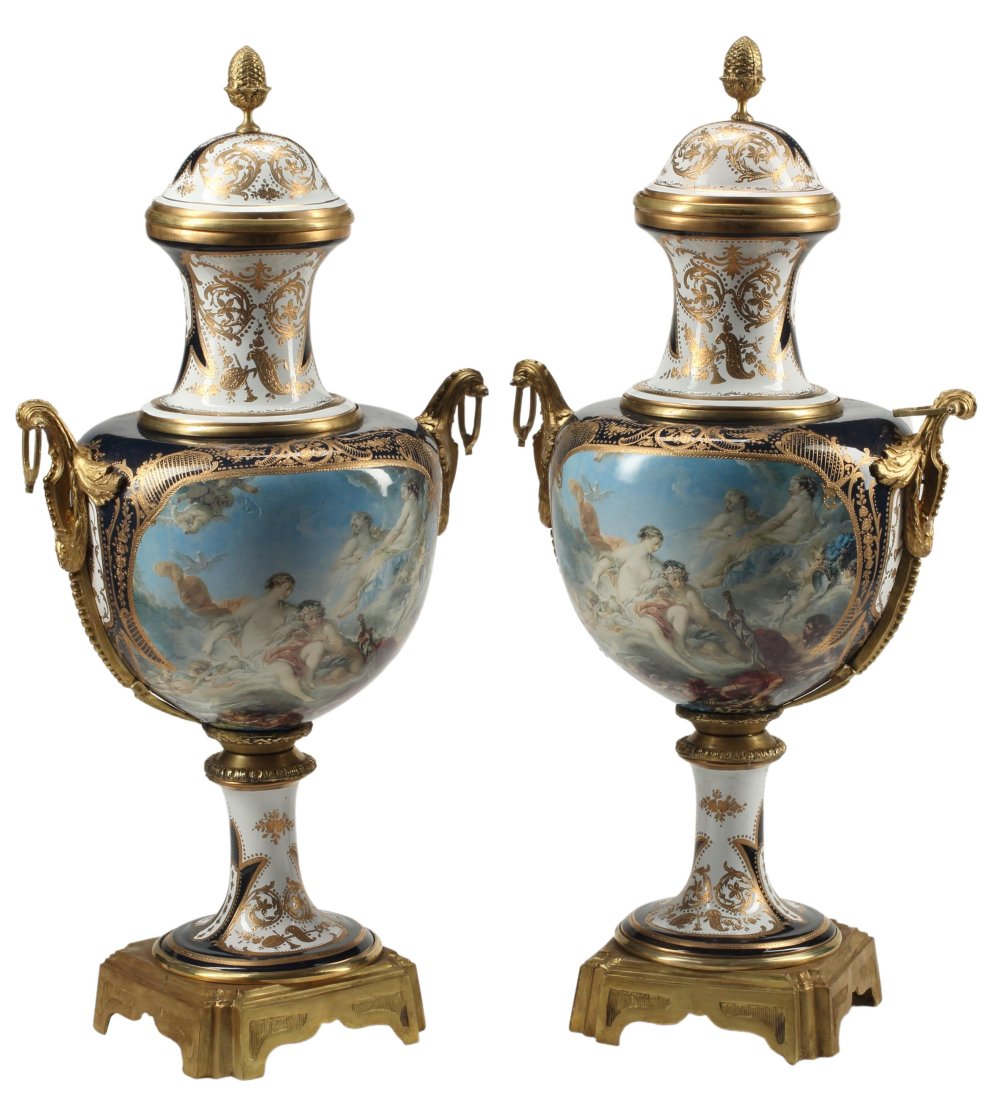 (2) MONUMENTAL SEVRES STYLE ORMOLU PORCELAIN URNS (1 of 4)