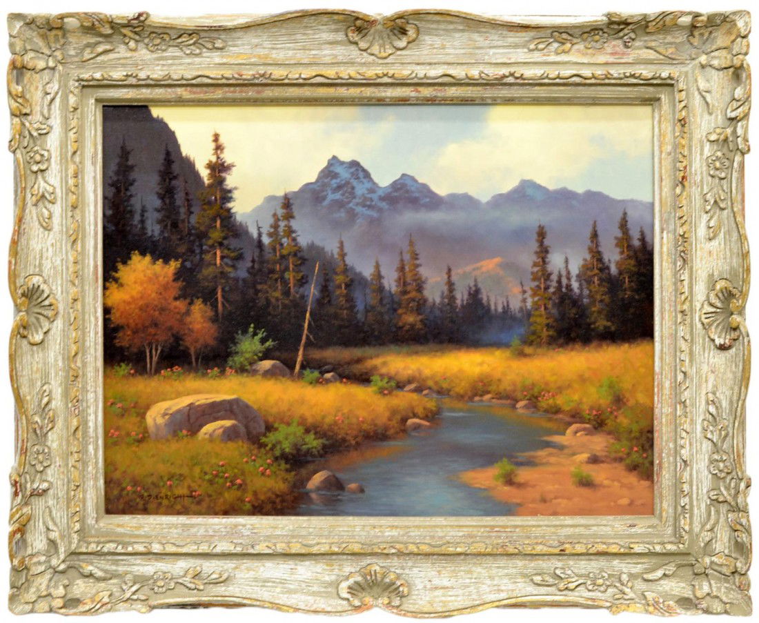 PAINTING COLORADO MOUNTAINS R.D. ENRIGHT 1921-1983: Framed oil painting on canvas, Colorado Mountains, signed lower left R.D. Enright (Roland Delbert Enright, Wisconsin, Texas, 1921-1983), sight: 17.5"h, 23.5"w, overall: 25"h, 31"w, 5.5lbs