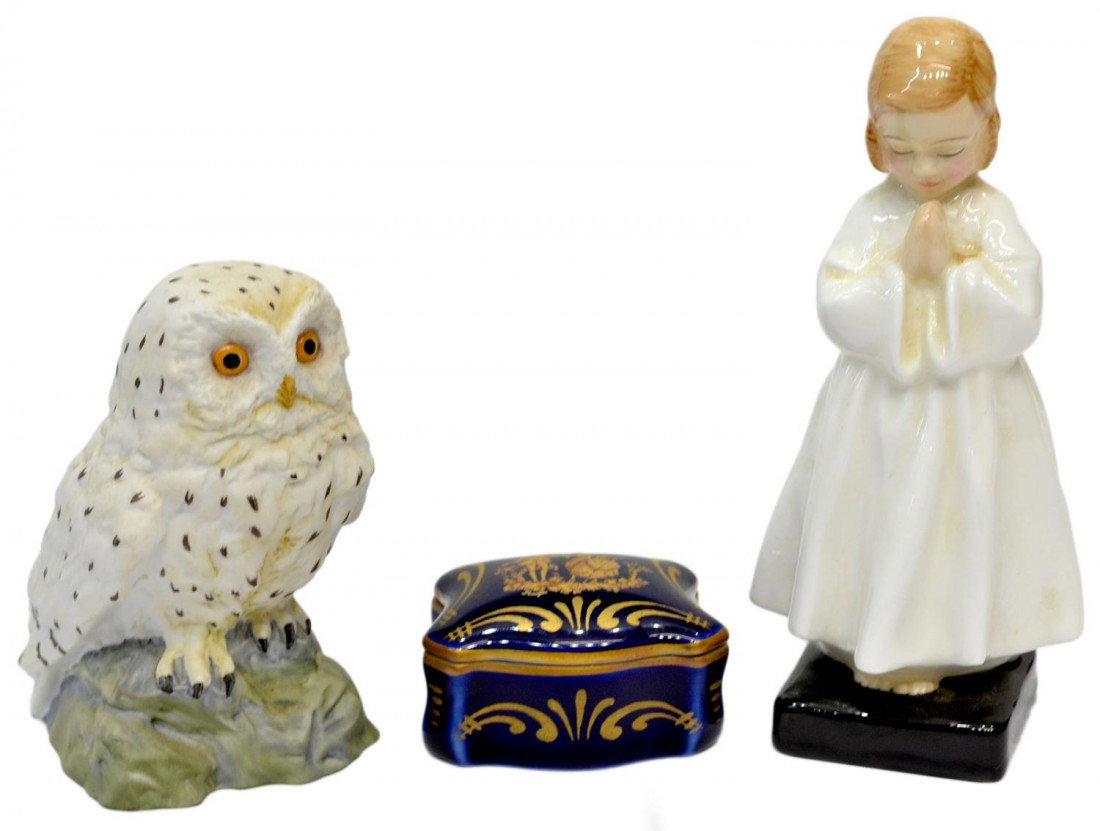 (3) COLLECTIBLES: KAISER, ROYAL DOULTON, LIMOGES: (lot of 3) Collectible ceramics: (1) Kaiser owl, #755, 4.5"h, 2.5"w, 3"d; (1) Royal Doulton figure, Bedtime, HN 1978, 5.75"h, 2.75"w, 2.3/8"d; (1) gilt and blue dresser box, Limoges, "Exclusively for 