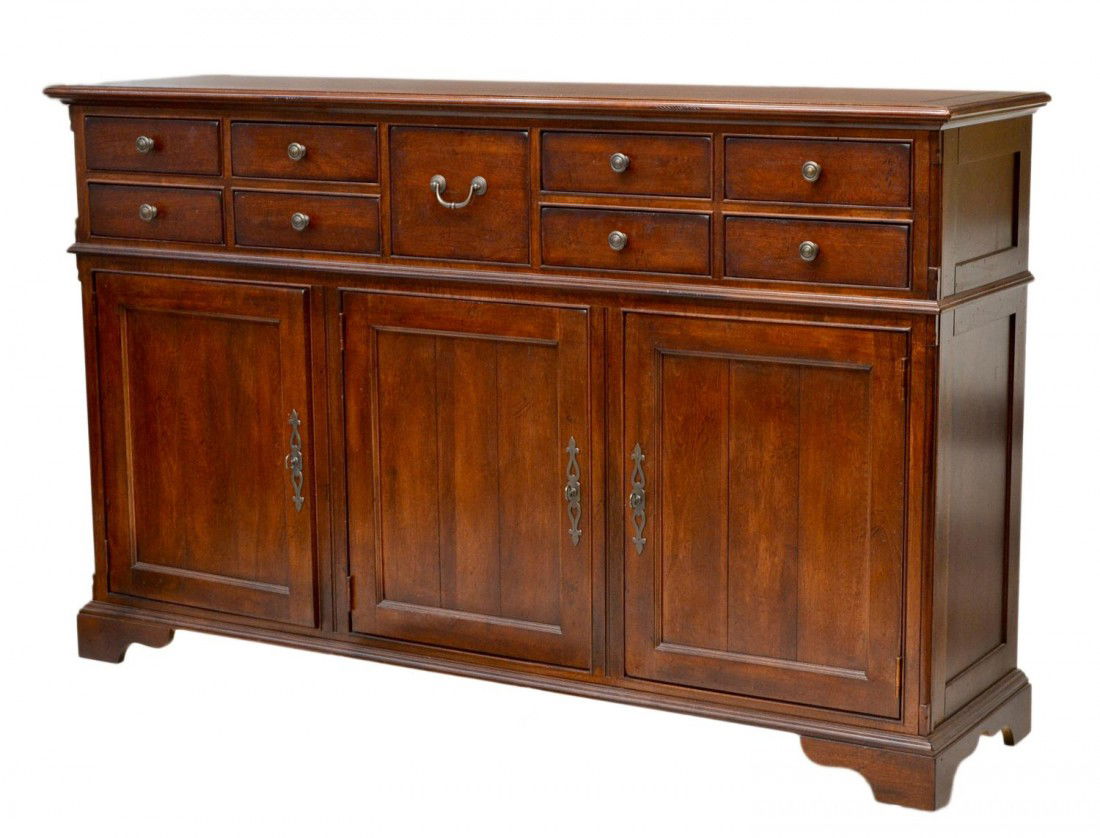 STANLEY CHERRYWOOD FINISH SIDEBOARD, LIKE NEW: Stanley Furniture Company Wainwright credenza sideboard, cherrywood finish, Model 406-11-05, rectangular form with nine upper drawers including two fitted for silver flatware storage, over three lower