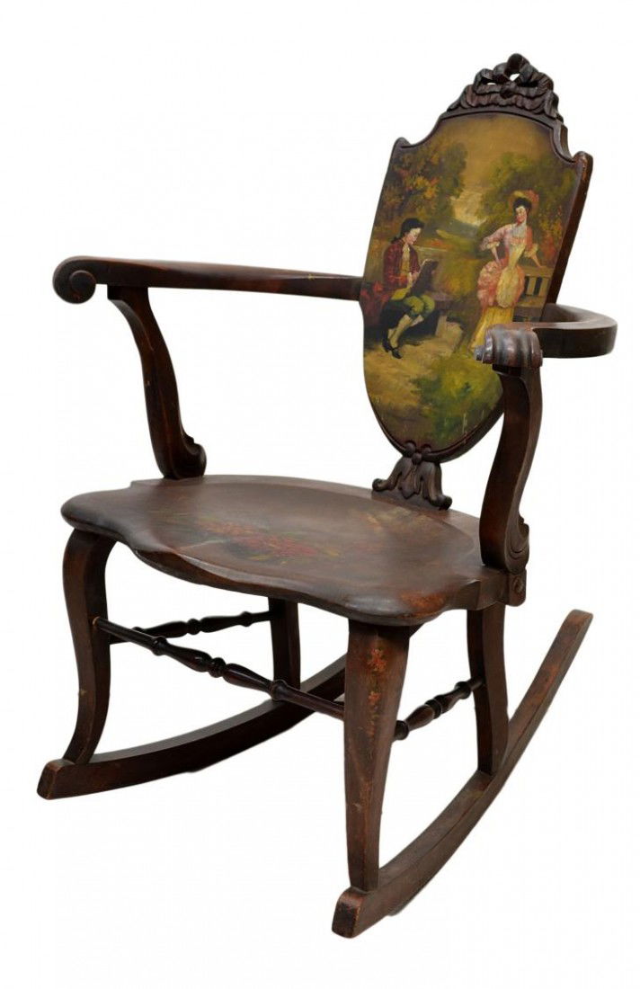 FIGURAL PAINTED WALNUT SEWING ROCKING CHAIR: Walnut sewing rocking chair, early 1900's, a ribbon crest over the figural painted shield form back depicting an 18th c. artist and model, scrolled arms, 34"h, 24.25"w, 30"d