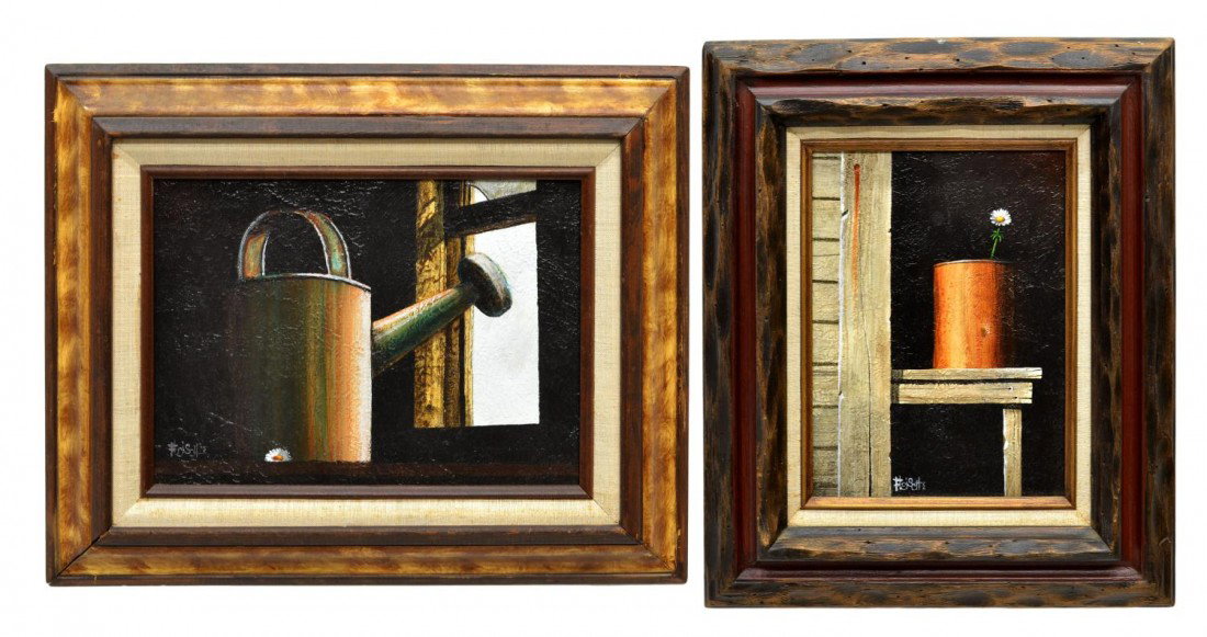 (2) PAINTINGS, STILL LIFE, KEN FLEISCH (1942-2008): (lot of 2) Framed oil paintings on canvas, signed lower left Fleisch (Ken Fleisch,Texas,1943-2008); (1) Daisy with Water Can, 8.5"h, 11.5"w; (1) Daisy in Copper Pot, 11.5"h, 8.5"w, total: 5.5lbs