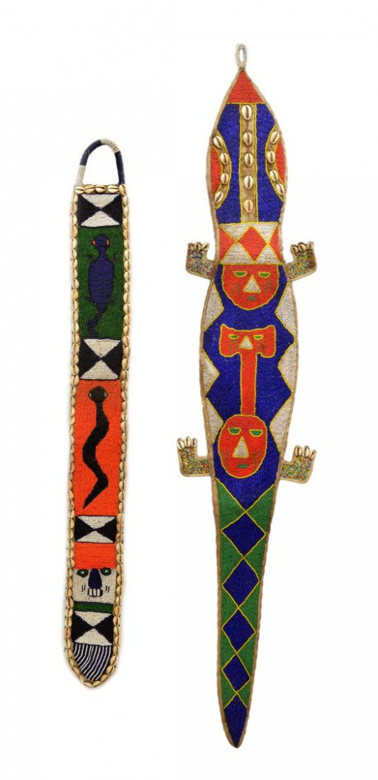 (2) HEAVILY BEADED LIZARD & ANIMAL STRAPS 51"&37"L: (lot of 2) Nigerian beadwork accented with marine shells: (1) formed as a lizard, 51"l, 9.5w; (1) a strap with animal depictions, 37"l, 4"w, total: 2lbs
