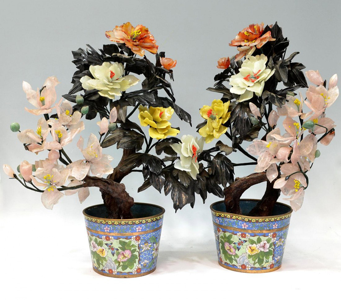 (2) CHINESE HARDSTONE TREES IN CLOISONNE POTS: (lot of 2) Chinese hardstone trees with multi color flowers and leaves, two realistic tree trunks in each 6"h floral decorated cloisonne pot, one pot bent, largest: 24.5"h, 19"w, 12"d, 40lbs