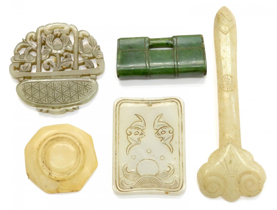 GROUP CHINESE CARVED JADE ITEMS, RUYI ORNAMENT: (lot of 5) Small Chinese white and green jade carvings: (1) white jade hair ornament in the form of a Ruyi scepter, 4.5"l; (1) pierced plaque in the form of a pot of flowers, 2.25"h; (1) miniature sma