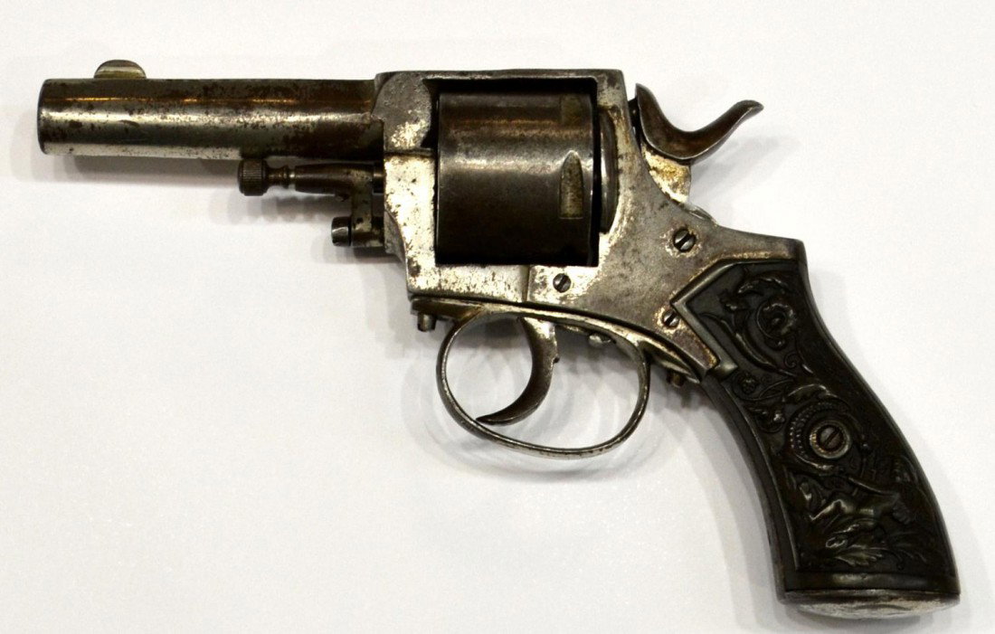 ANTIQUE REVOLVER, CLEMENT ARMS, BRITISH ARMY 1864: Clement ARM Company revolver, further marked British Army, 1864 M.D.L., frame marked star over R, double action, six shot cylinder, 3.25" barrel, appears to be about .38 caliber, elaborate molded foli