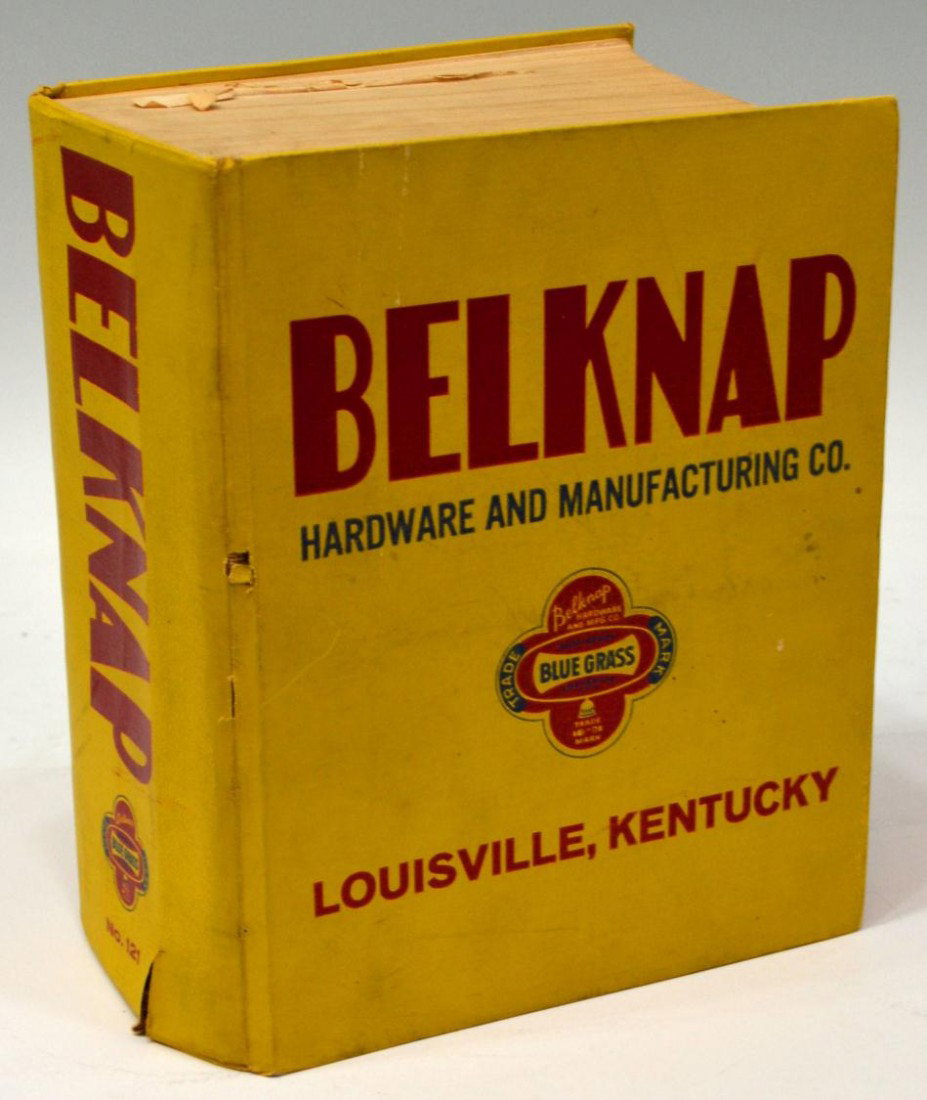 (3) KNIFE GUIDE, KEEN CUTTER AD, BELKNAP CATALOG: (lot of 3) Advertising items: (1) 1961 Belknap Hardware and Manufacturing Co., Louisville, Kentucky, Catalog No. 121, 10.25"h, 8.5"w, 4.5"d; (1) E.C. Simmons Keen Kutter laminated advertising poster, 