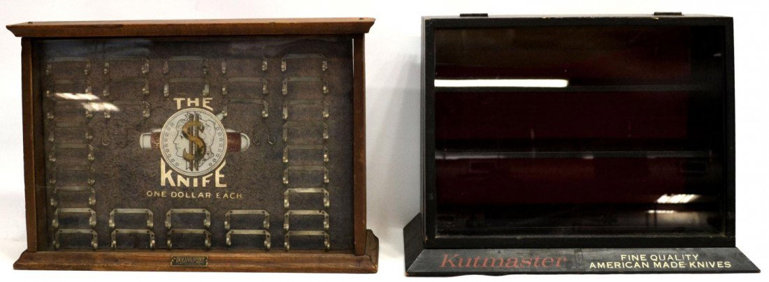 (2) KNIFE DISPLAY CASES,, KUTMASTER, DOLLAR KNIFE: (lot of 2) Counter top knife display cabinets: (1) The Dollar Knife display cabinet, wood framed, glass front with U form rests, entry by drop down door at back, metal plate of "The Dollar Knife Corp,