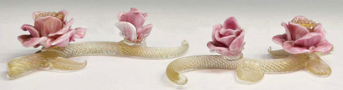 VENETIAN ART GLASS GOLD FLECKED CANDLE HOLDERS: (pair) Venetian art glass candleholders, each colorless branch with gold flecks mounted with two pink roses, the larger of each with central candle cup, minor loss, restoration to cups, approx 14"l, 2